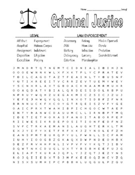 Preview of Criminal Justice - Basic Wordsearch with Key, Quotes and Zentangle to Color