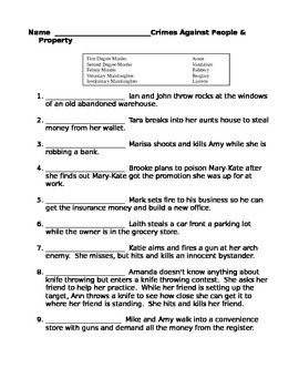 Preview of Criminal Law - Crime Vocabulary Matching with Word Bank Worksheet