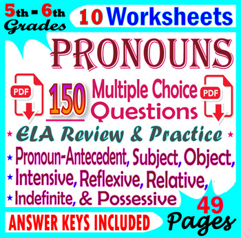 Preview of Pronouns Worksheets. Relative, reflexive, possessive pronouns. 5th-6th Grade ELA