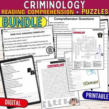 Preview of Criminology, Reading Comprehension Passage Puzzles,Digital & Print BUNDLE