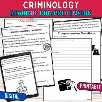 Criminology Reading Comprehension Passage Worksheets,Digital & Print