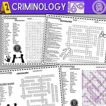 Preview of Criminology Vocabulary Fun Puzzles,Crossword & Wordsearch