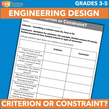 Preview of Criteria vs Constraints - Free Engineering Design Worksheet - Defining a Problem