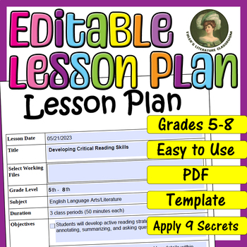 Preview of Critical Reading : Editable Lesson Plan for Middle School