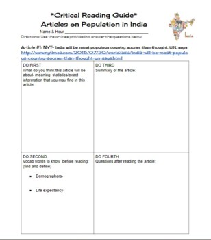 Preview of Critical Reading Guide - Articles on Population in India