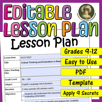 Preview of Critical Thinking and Evaluation : Editable Lesson Plan for High School
