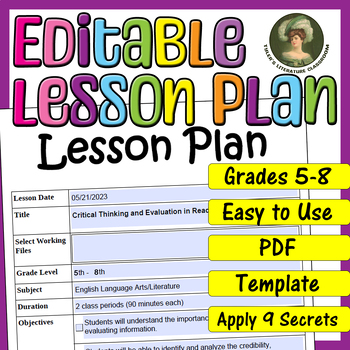 Preview of Critical Thinking and Evaluation : Editable Lesson Plan for Middle School