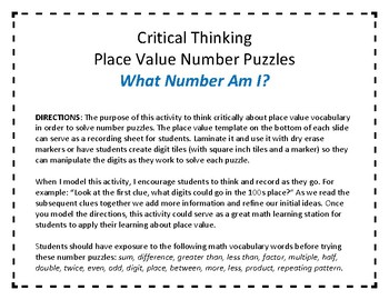Preview of Critical and Creative Thinking Place Value Number Puzzles