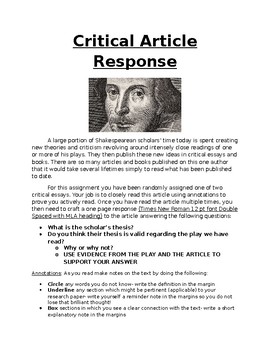 Preview of Critical response instructions and rubric