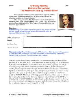 Preview of Critically Reading Historical Documents: The American Crisis by Thomas Paine