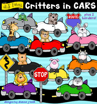 Preview of Critters in Colorful Cars Clip Art Download