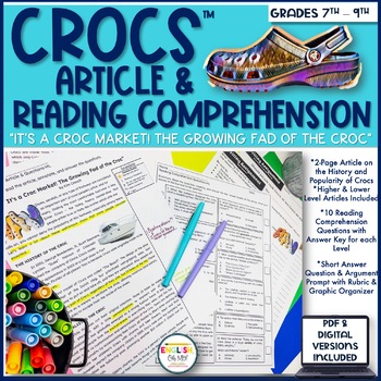 Preview of Crocs Article Reading Passage, Reading Comprehension Questions, Writing Prompts