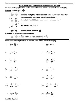 cross reducing before multiplying fractions worksheet teaching and practice