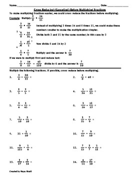 Preview of Cross-Reducing Before Multiplying Fractions Worksheet - Teaching and Practice
