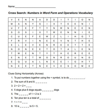 Preview of Cross Search: Numbers in Word Form and Operations Vocabulary