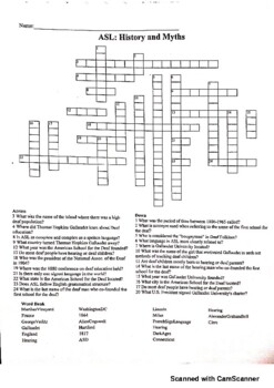 Crossword (ASL/Deaf History Myths) by Mallory Gallagher TPT