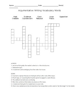 Preview of Crossword Puzzle - Argumentative Writing Vocabulary Words