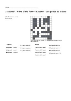 Spanish Vocabulary Parts of the Face Crossword Puzzle by Puzzle Me
