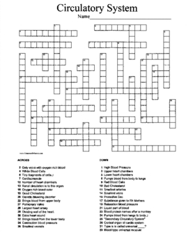 Crossword Puzzle using terms from the Circulatory System by Sandra Gibbs
