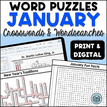 Preview of January Crossword Puzzles & Word Search - Middle & High School - Print & Digital