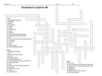 Crossword Realidades 1 Chapter 4b Vocab For Pdf By Spanish Teacher Shares