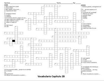 Crossword Realidades 2 Chapter 2B Vocab for PDF by Spanish Teacher Shares