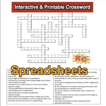 Preview of Spreadsheets Interactive & Printable Crossword 9th-12th Grade