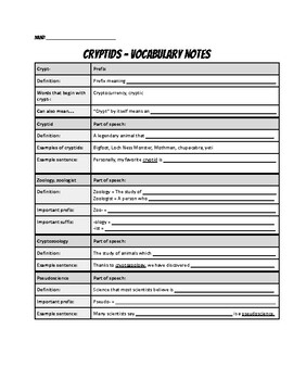 Preview of Cryptids Vocabulary Words & Guided Notes Scaffolded w/ Answer Sheet ESL SPED