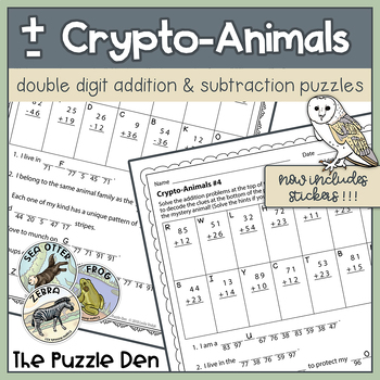 Preview of Crypto-Animals Double Digit Addition and Subtraction Puzzles
