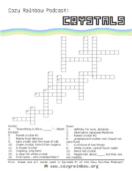 Preview of Crystals Fun Facts Crossword & Wordsearch, Cozy Rainbow Podcast Vocab Activity