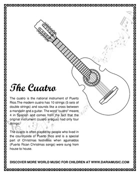 Preview of Cuatro – National Instrument of Puerto Rico – Free Coloring Page