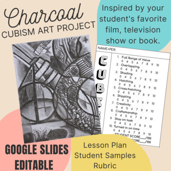 Preview of Cubism Charcoal Art Project | Beginning Drawing | Middle High School Art Lesson