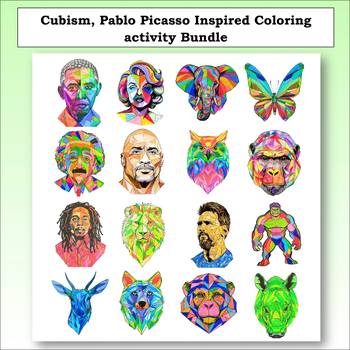 Preview of Cubism, Pablo Picasso inspired coloring lessons Bundle. Printable templates