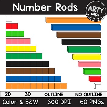 Preview of Cuisenaire Number Rods Clipart Math (2D and 3D) MEGA BUNDLE 60 PNG {Arty Clips}