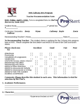 Preview of Culinary Arts Application and Teacher Recommendation Form- Editable