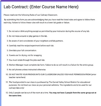 Preview of Culinary Class Course Contract