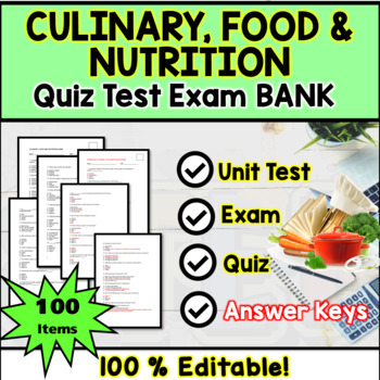 Preview of Culinary, Food & Nutrition Exam Bank - Test  Quiz Assessments Questions Editable