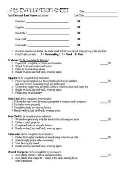 Preview of Culinary Lab Evaluation Sheet