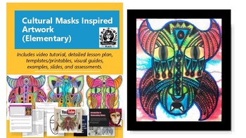 Preview of Cultural Masks Inspired Artwork- ALL INCLUSIVE Lesson Plan!