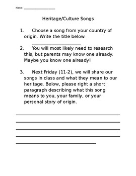 Preview of Cultural Songs Assignment (editable)