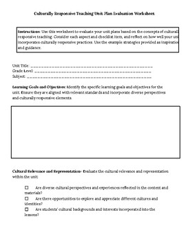 Culturally Responsive Teaching Unit Plan Evaluation Worksheet | TPT