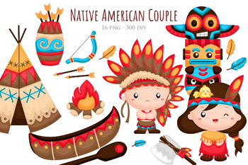 Preview of Culture Traditional Native American Indians Couple Kids Cartoon Clipart Sticker