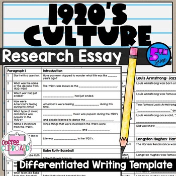 Preview of Culture of 1920's Research Essay Template Jazz Age 5th grade SS5H2