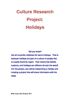 Preview of Cultures - Holidays Research Project with Rubrics