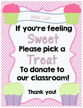 Preview of Cupcake Classroom Donations~For Open House or Back to School Night!