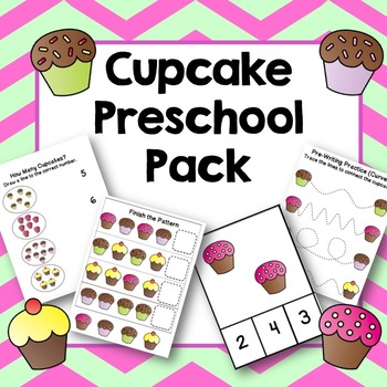 Preview of Cupcake Preschool Pack Pre-writing, Counting, Patterns, Sorting, File Folder