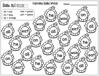 Cupcake Themed Sight Words: Primer Dolch Sight Words (Dab it) | TpT