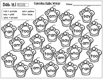 Cupcake Themed Sight Words: Primer Dolch Sight Words (Dab it) | TpT