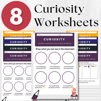 Preview of Curiosity Worksheets - scavenger hunt & senses vocabulary. EASEL included.