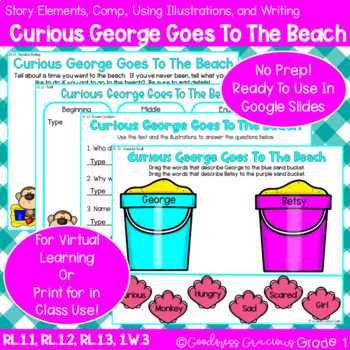 Preview of Curious George Goes To The Beach Retell, Comp, Character Analysis, & Writing